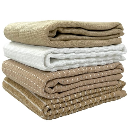 

Oversized White Tan Kitchen Towels: 100% Cotton Soft Absorbent Assortment Ribbed Terry Loop Set of 4 Multipurpose for Everyday Use