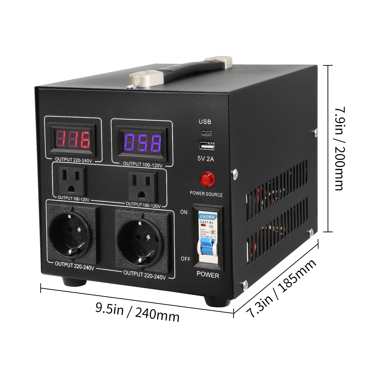 KFFKFF Power Converter, 2000W, Durable Step Up/Down Unit, Switches between 110V and 220V, Includes US and EU Outlets plus 5V USB Port, CE Approved