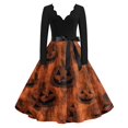 thumbnail image 2 of Halloween Dresses for Women Bat Hepburn V-Neck Spooky Tea Length Dress Spider 1950s Long Sleeve Vintage Dresses with Belt 2XL, 2 of 7