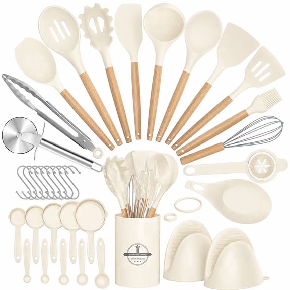 NULAS Kitchen Utensils Set, 37 pcs Non-Stick Silicone Cooking Kitchen Utensils Spatula Set with Holder,446℉ Heat Resistant,Wood Handle Kitchen Gadgets,Porcelain White