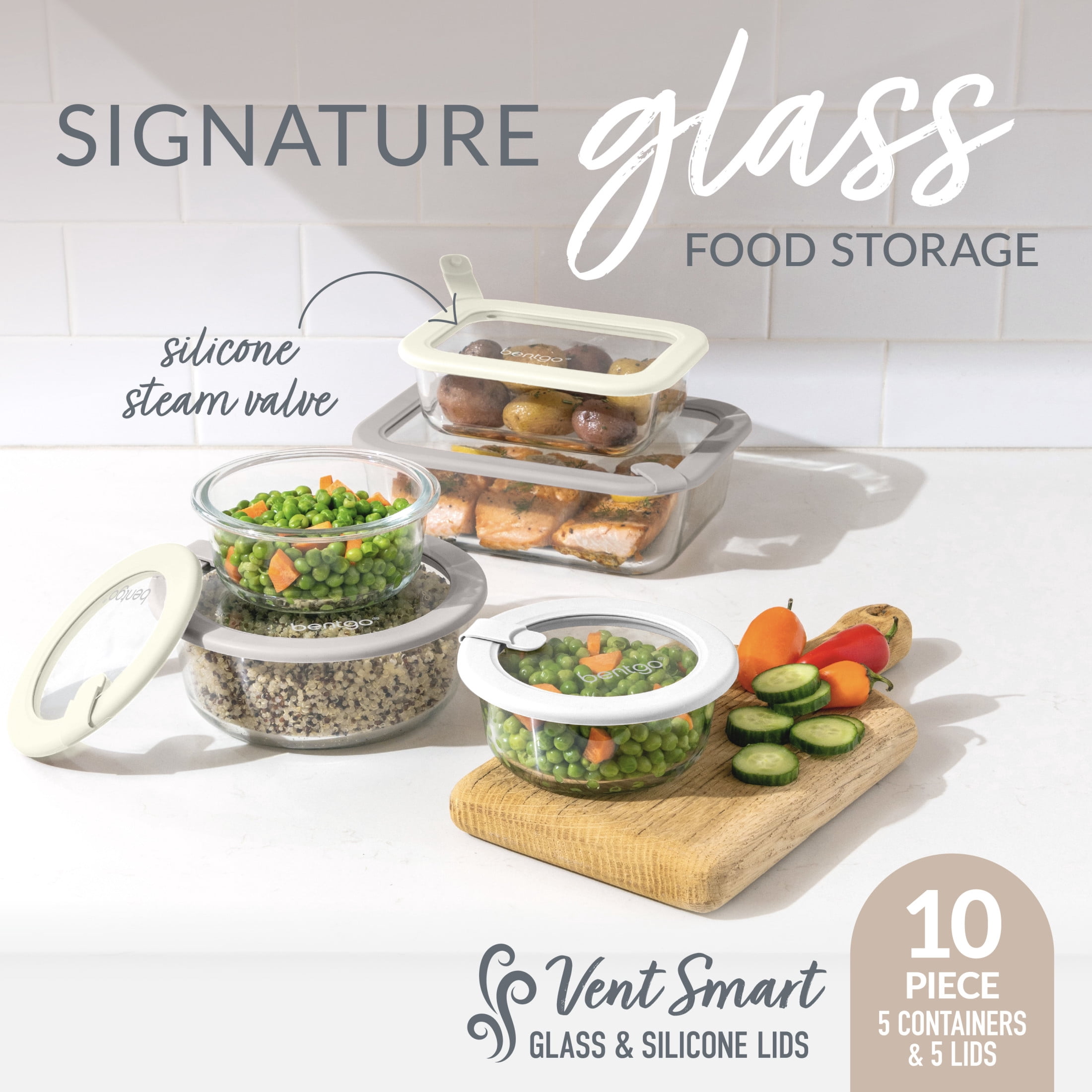 Bentgo Signature Leak-Proof Glass Food Storage - 10-Piece Set, 1-Compartment Plastic-Free Containers with Airtight Glass Lids, BPA-Free, Microwave, Freezer, Oven & Dishwasher Safe (White Stone)