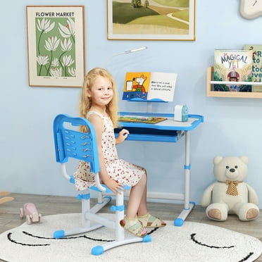 Qaba Kids Desk and Chair Set, Activity Desk with Tilt Desktop USB Lamp, Storage Drawer for Study, Activities, Arts, or Crafts, Blue and White