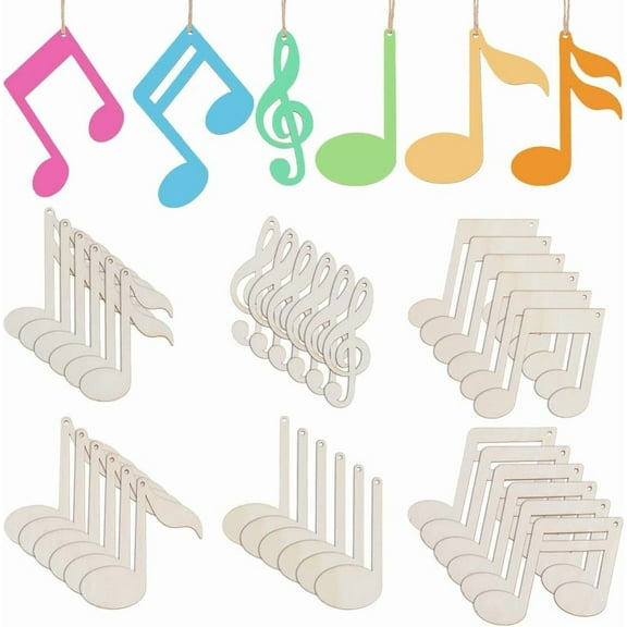 36Pcs 6 Styles Wood Musical Notes Crafts Unfinished Musical Notes Wood Cutouts Crafts with 10m Rope Hanging Ornaments DIY Crafts