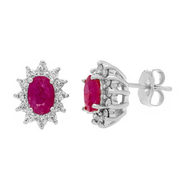 Oval Cut Gemstone & 0.30 CT. T.W. Starburst Diamond Stud Earrings in 14K Gold
