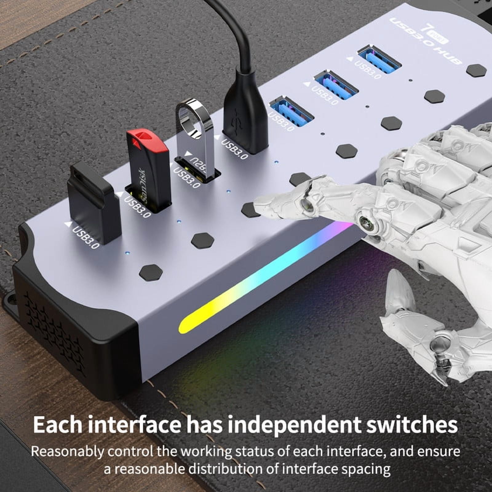 7-Port USB Hub Aluminum USB 3.0 Hub Data Transfer with Individual Switches, RGB Gaming USB Hub, External Expansion Data Hub for PC Laptop Desktop Computer
