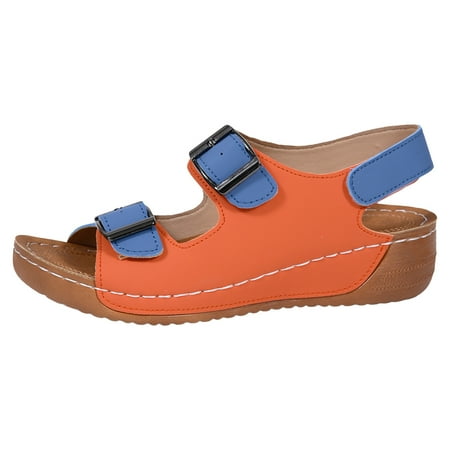 

Jungdeepe Ladies Summer Retro Color Blocking Buckle Slope Woman s Wide Width Sketches Sandals Woman s Shoe Strap Platform Wedge Leather Flip Flop Sandals for Women Summer Sandals for Women Low Heel