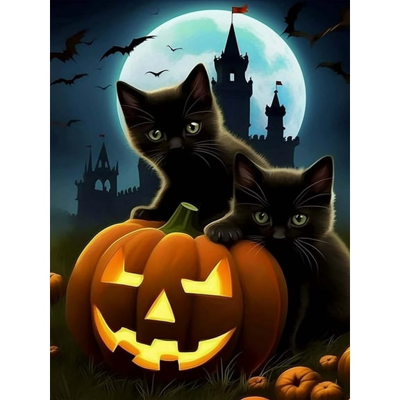DIY 5D Diamond Painting Kit (For Adults) Diamond Painting "Halloween Pumpkin Cat Castle" - Full Diamond Crystal Rhinestone Embroidery Craft Kit, Can Be Used As Gift, Wall Decoration