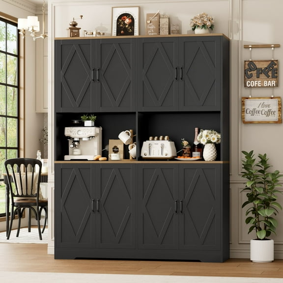 Homfa 71'' Tall Pantry Cabinet with Hutch, Large Kitchen Storage Cabinet with Microwave Stand & Doors for Dining Room Living Room, Black