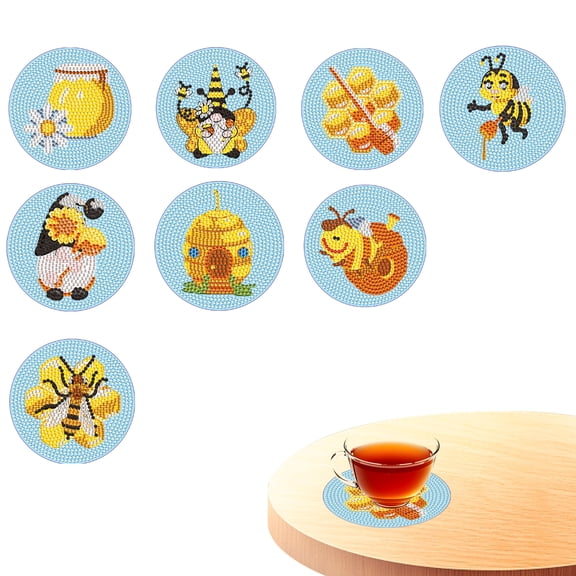 8pcs DIY Diamond Painting Coaster Kit with Bee Design, Includes Stand The Perfect Choice for Home Decor and Gifting