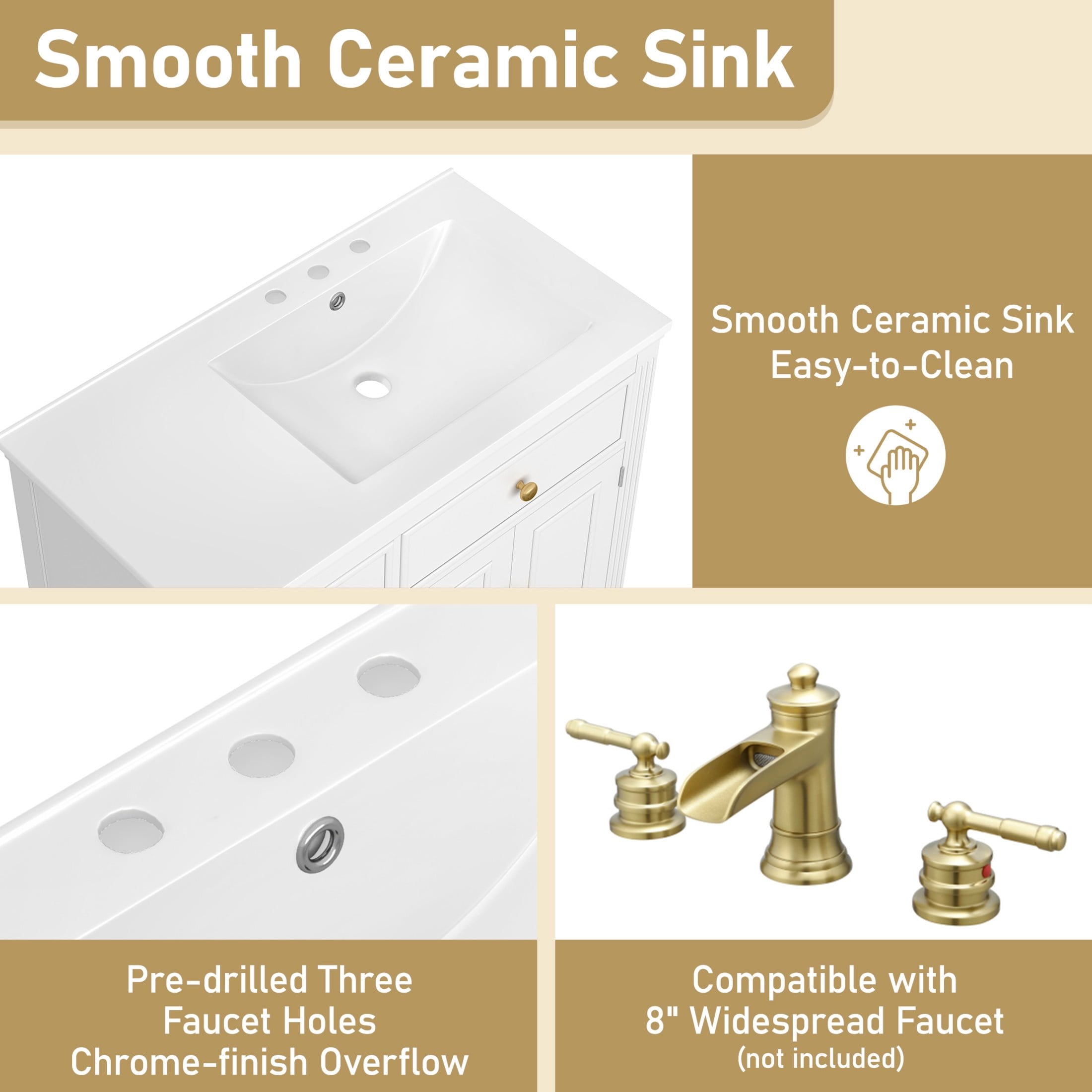 Christopher Knight Home 36" Bathroom Vanity with Sink, Tip-out Drawers & Gold Metal Handles, White