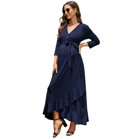 Women's Maternity Dress V Neck 3/4 Sleeve Ruffle Long Dress High Waist A Line Maxi Dress with Belt
