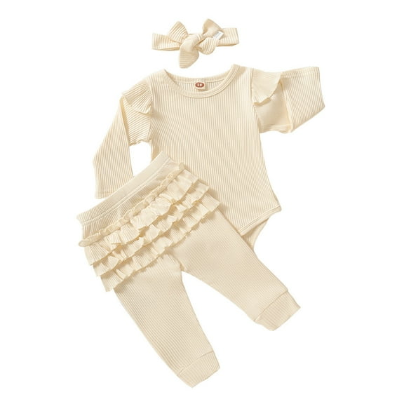 adviicd Outfits for Girls Baby Going Home Outfit Girl Winter Rib Frill Long Sleeve Romper Pants Headband Set 3pcs Baby Girl Outfit (Beige,6-12 Months)