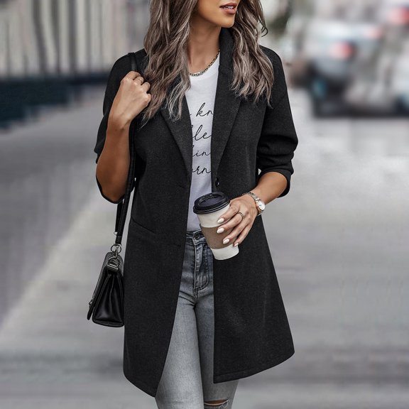 Vedolay Women's Tops Suit Jackets for Women Casual Fashion Front Open Solid Color Lapel Suit Jacket with Pockets,Black M