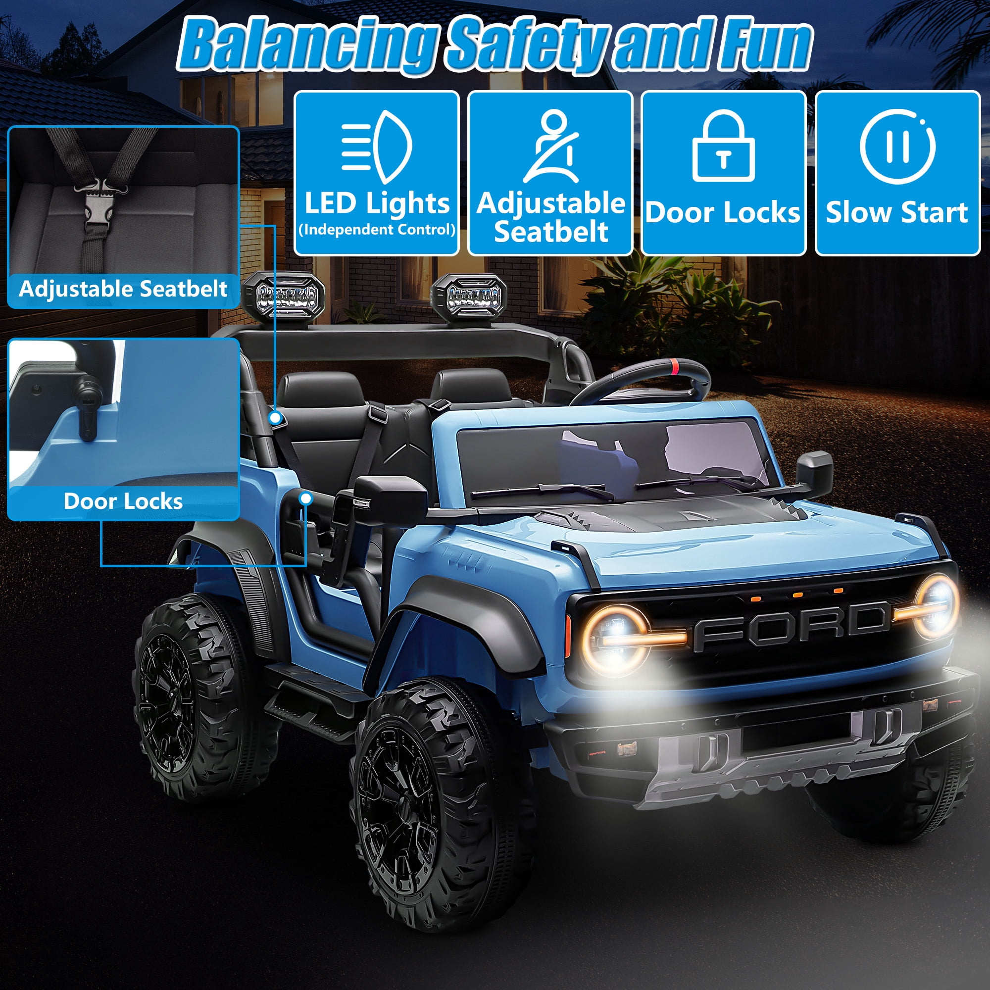 Conchico 24V 2 Seater Licensed Ford Bronco Powered Ride-On Truck, Kids Ride on Toys with Remote Control & Seatbelt, Blue