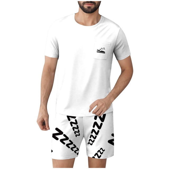 2 Pcs Ensembles de Pyjamas pour Hommes Ultra Doux Texturés Tenues Athlétiques Extensibles Col Rond Chemises à Manches Courtes Extensibles Séchage Rapide Vêtements de Détente Shorts Ensembles d'Été Hommes 2 Pcs Chemise de Nuit