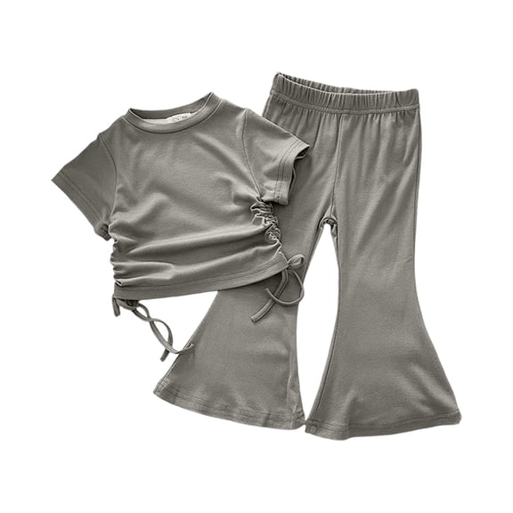 Tisuna Girls Summer Outfit Set Toddler Solid Color Short Sleeve Crew Neck Tops And Pants Set Breathable Lightweight Little Girls 2 Pieces Holiday Street Casual Wear Army Green Size 2-3 Years