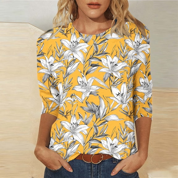 Jsaierl Women's 3/4 Length Sleeve Tops Plus Size Round Neck Shirts Fashion Print Ladies Blouses Flowy Dressy Tunic Top S-5XL