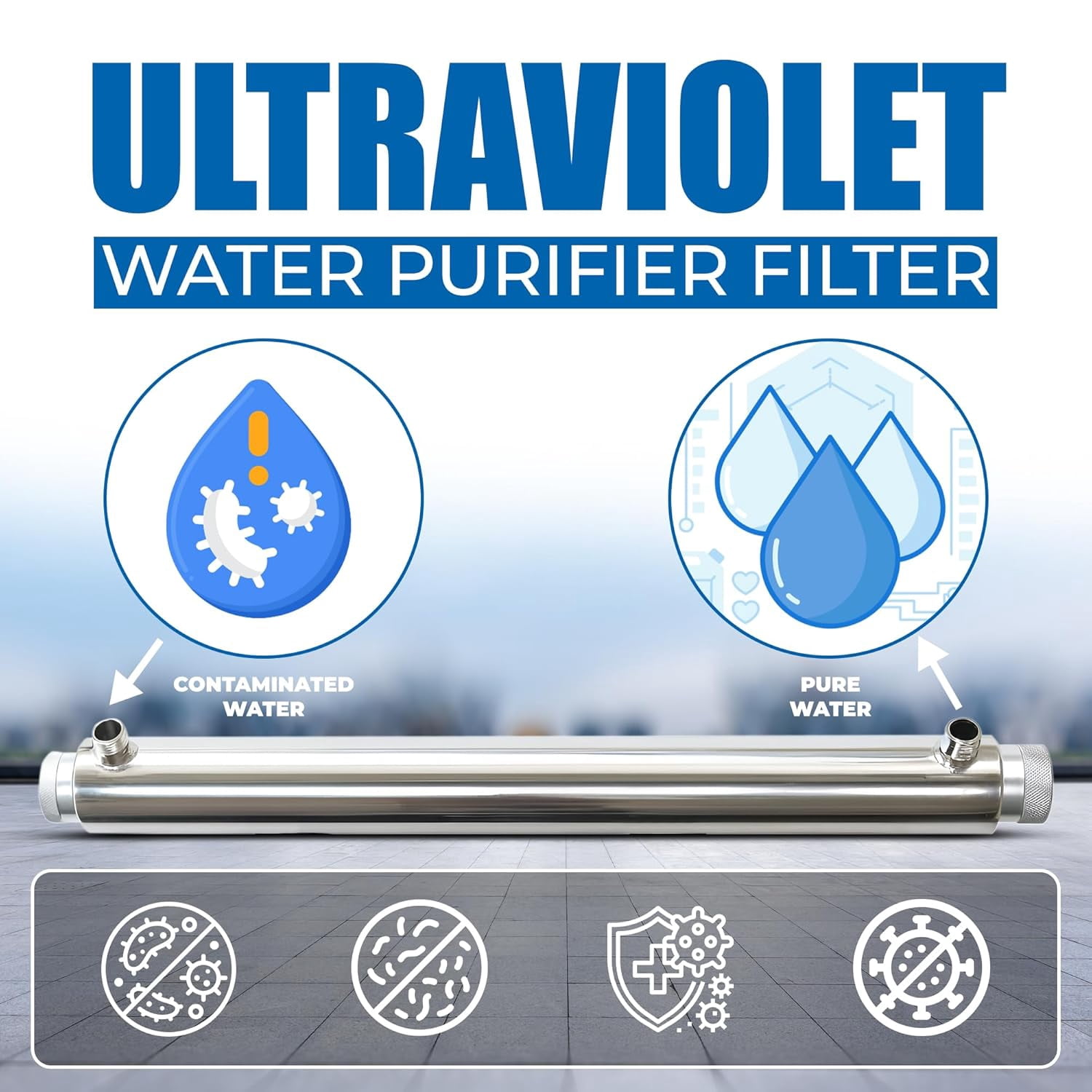 Whole House Ultraviolet Water Purifier Filter 55W, 120V Stainless Steel UV Unit, 1/2" MNPT Inlet/Outlet