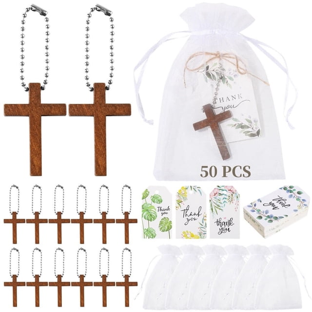 Juego de 50 llaveros de cruz de madera, regalos funerarios para familiares y amigos, llaveros de cruz como recuerdo funerario, para celebrar la vida, para invitados, familiares y seres queridos.