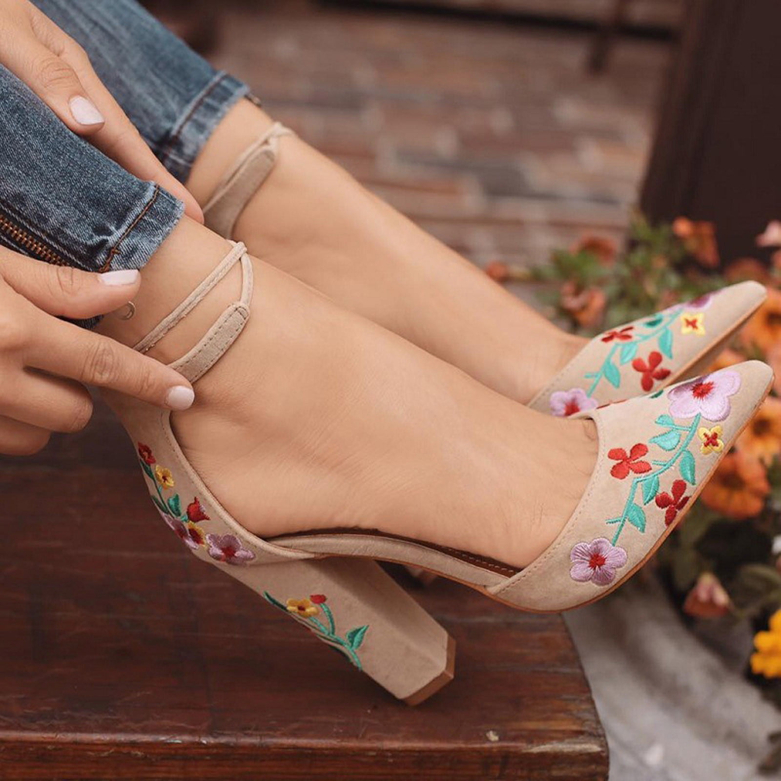 Golden Floral Heels Peep Toe Chunky Heels Platform Slingback  Sandals|FSJshoes