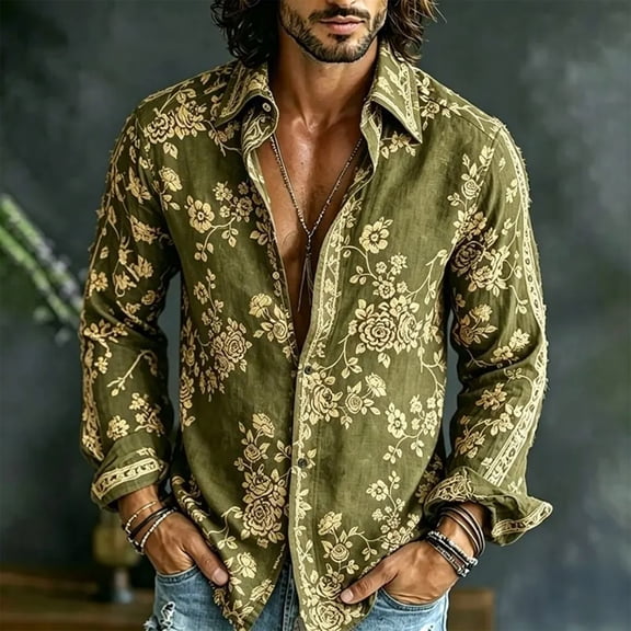 Fsmtpdam Mens Hawaiian Shirt Floral Button Down Collared Casual Long Sleeve Printed Boho Tops Vintage Relaxed Fit Lightweight Summer Beach Vacation Shirts