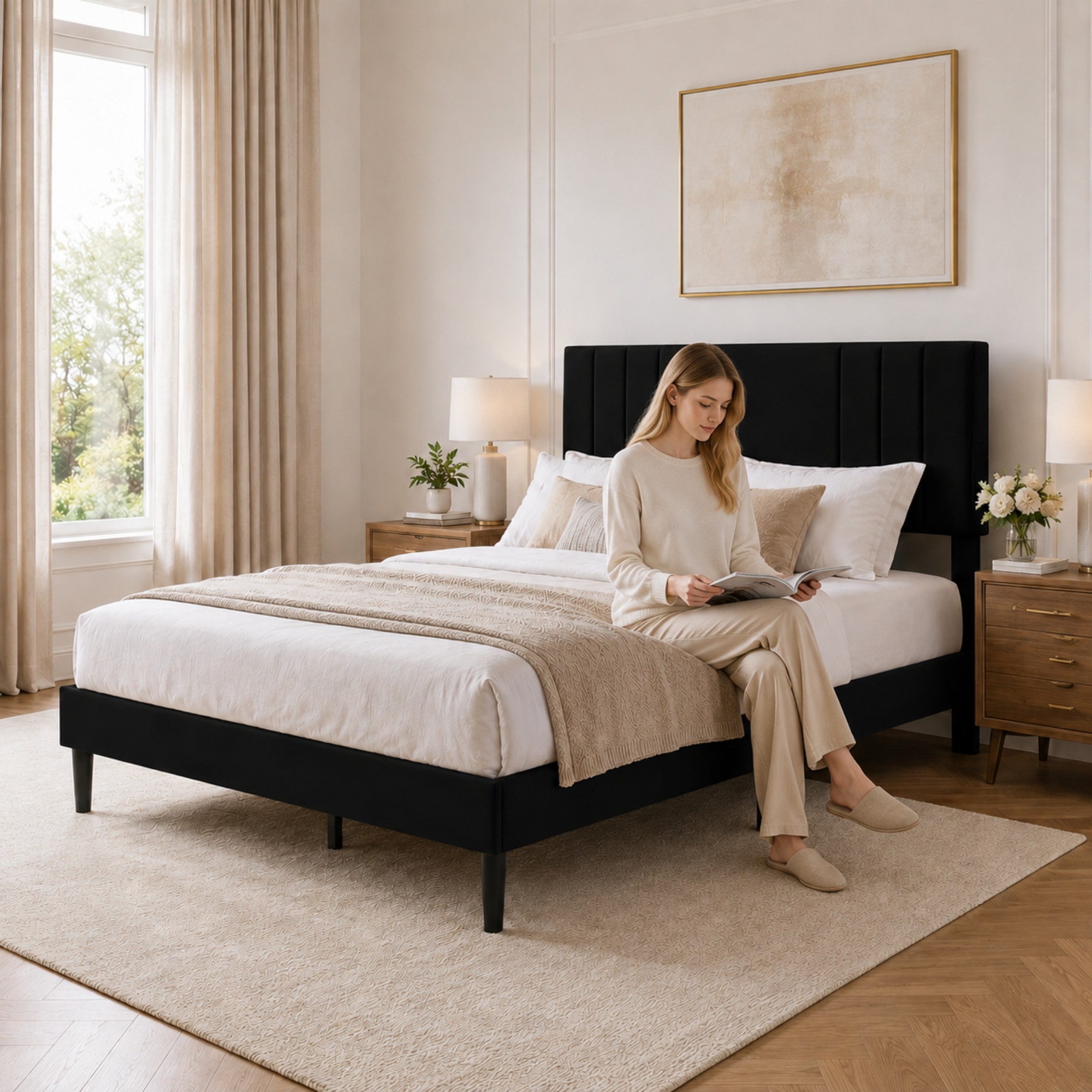 BSHTI Full Size Faux Leather Upholstered Platform Bed Frame with Adjustable Headboard, Wood Slats, No Box Spring Needed for Bedroom（Black）