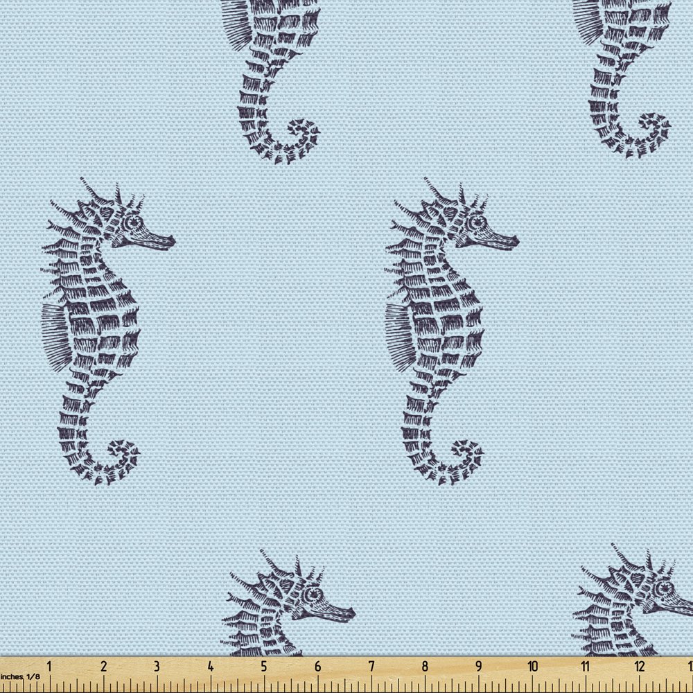 Seahorse Upholstery Fabric by the Yard, Vintage Illustration of