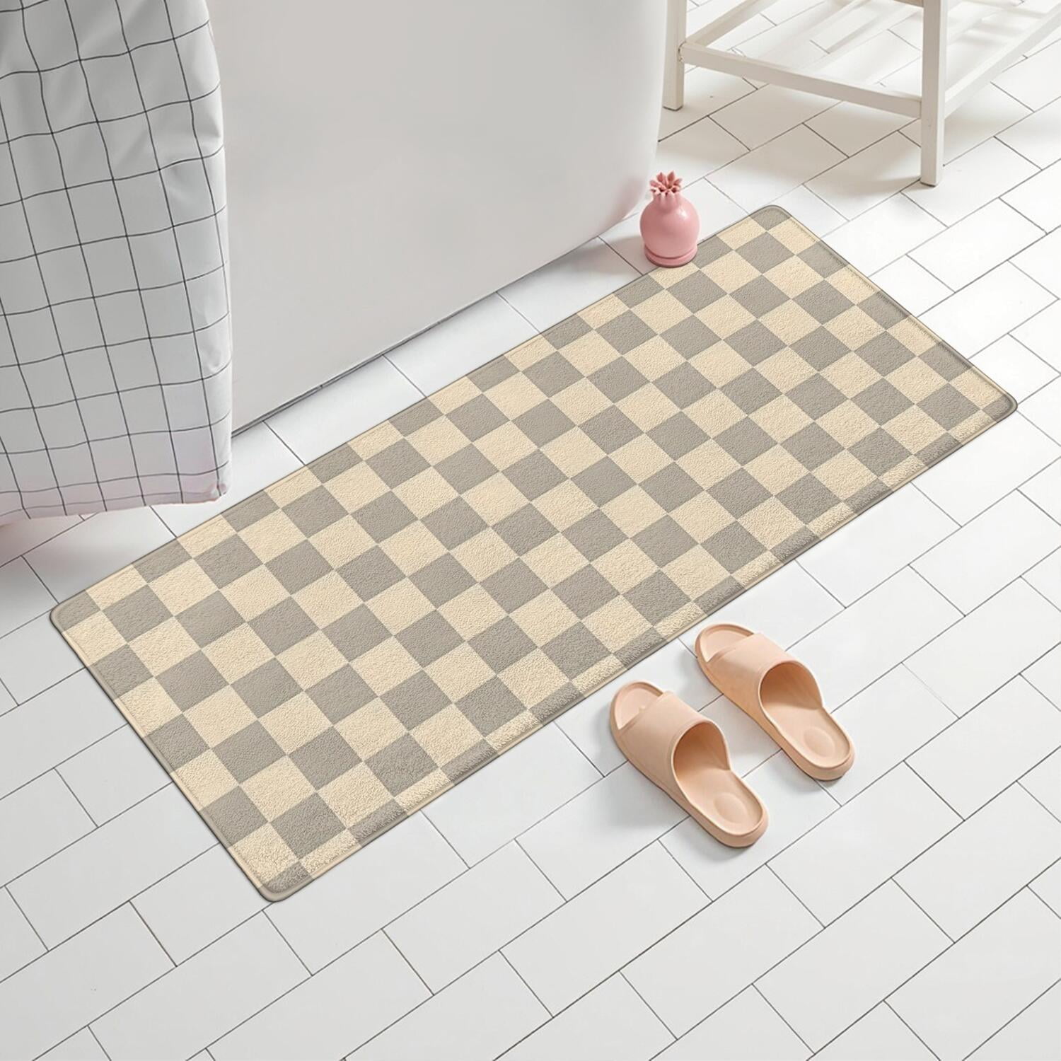 Beige Gray Checkerboard Checkered Pattern Bathroom Rugs Mat,Non Slip Microfiber Bathroom Rug,Rubber Backing,Soft Bathroom Mats for Bathroom Floor,Tub and Shower,60x24in(150x60cm)