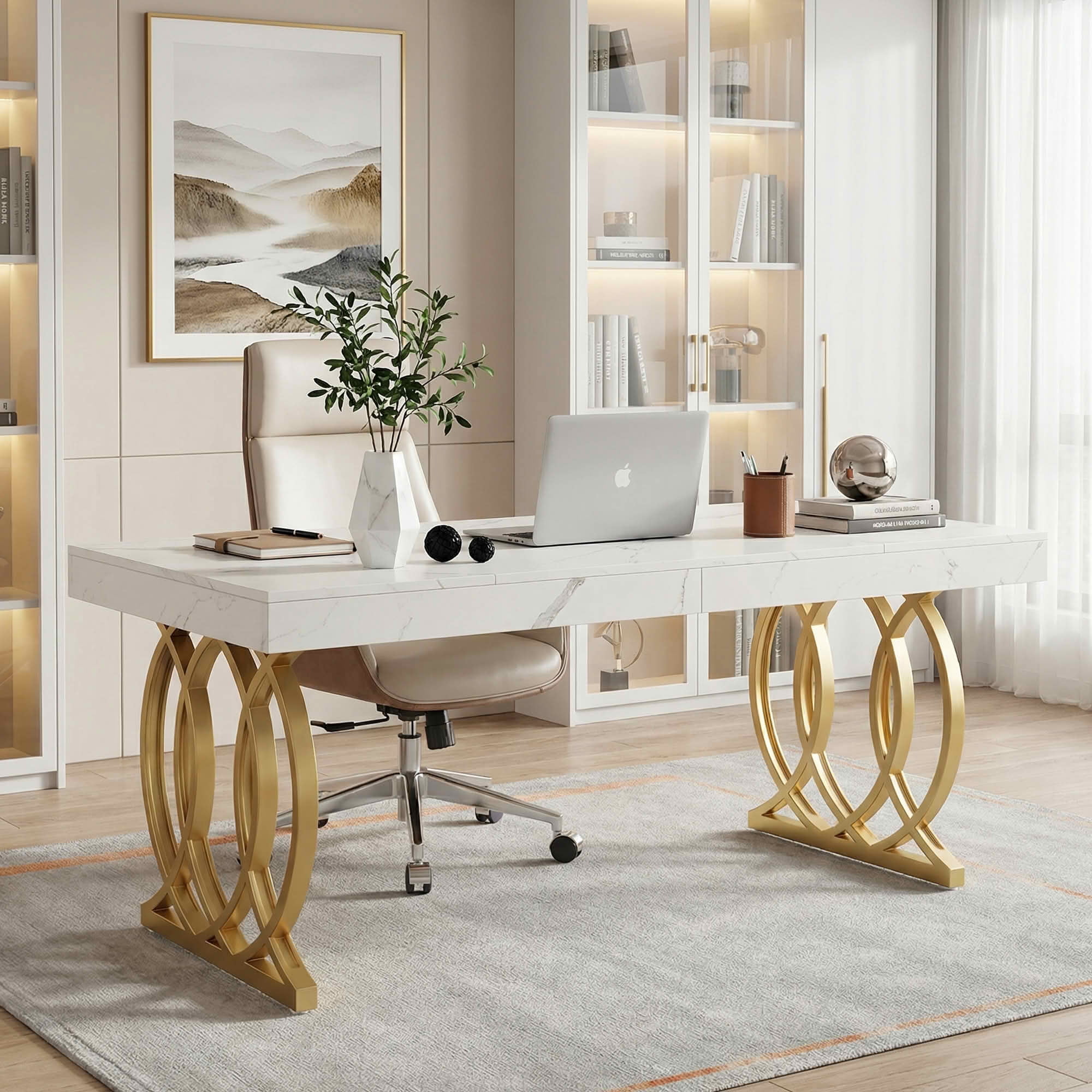 MAYEERTY 63 Inch Modern Rectangular Dining Table, White Faux Marble Kitchen Dinner Table with Gold Geometric Metal Legs for 4 to 6 People