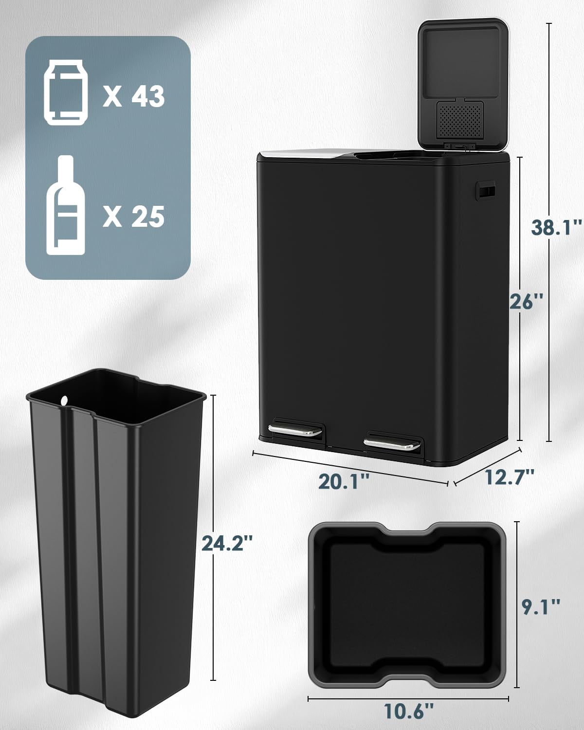 Pirecart 60L Dual Compartment Trash Can Soft-Close Lid Step Garbage Can W/ Soft-Close Lid, Black