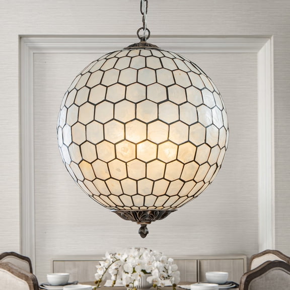 3 Lights W18in Vintage Mid Century Natural Capiz Shell Chandelier Antique Brass French Country Globe Lantern Pendant for Dining Room