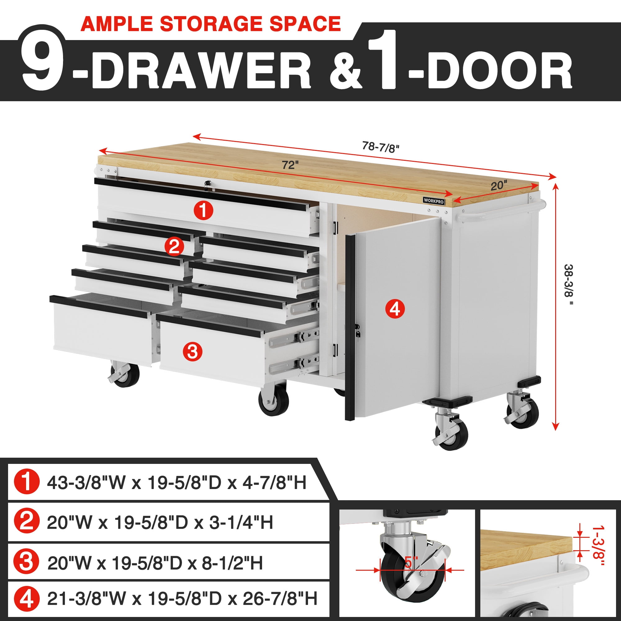 WORKPRO 72" x 22" Rolling Tool Cabinet, 9-Drawer & 1-Door, 1500 LBS Capacity Tool Chest with Wooden Workbench, Adjustable Shelves, Locking System and 6 Swivel Casters