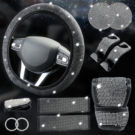JIASLING Silver Bling Rhinestone Car Accessory Set 11Pcs Auto Interior Decor Covers