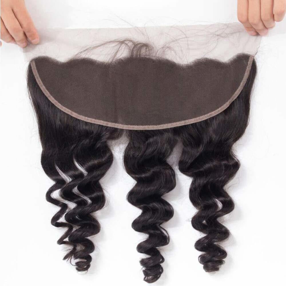Brazilian Loose Body Wave Bundles with Frontal Virgin Human Hair Loose Curly Bundles with 13x4 Free Part Frontal Natural Color