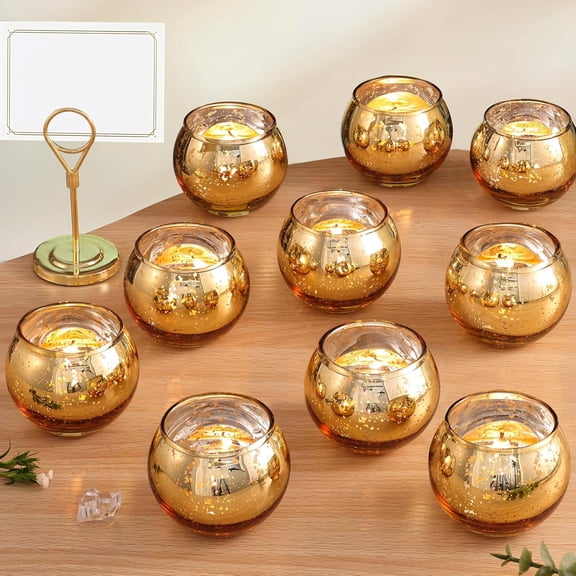Round Gold Votive Candle Holders, Mercury Glass Candle Holder Set of 12, Wedding Decorations for Table