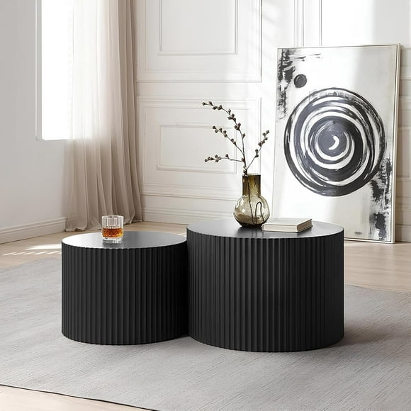 Round Nesting Coffee Tables Set of 2 Wooden Circle Coffee Tables Mid Century Center Tables End Table with Non-Slip Feet, Modern Luxury Accent Table for Living Room Farmhouse (Black Small)