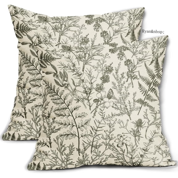 Ryan Olive Green Floral Pillow Covers Set 2, 18x18in, Botanical Print Vintage Spring Flower Plant Cream Decorative Throw Pillow Cases Outdoor Farmhouse Cushion Covers Decor for Sofa Couch Bed