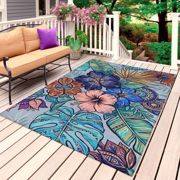 Vintage Boho Floral Outdoor Rug 5x7 Ft, Non Slip Washable Area Rug, Colorful Vintage Flowers Abstract Art Patio Rugs Carpet Runner, Large Floor Mat for Indoor/Outdoor Deck Porch Camping