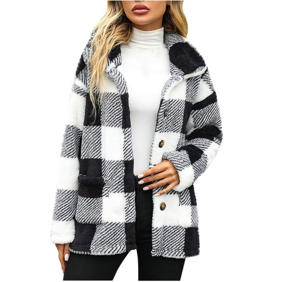 IROINNID Women's Jacket Shearling Jacket Turndown Lapel Plaid Long Sleeve Casual Double Sided Fleece Pocket Recreational Tops, Black