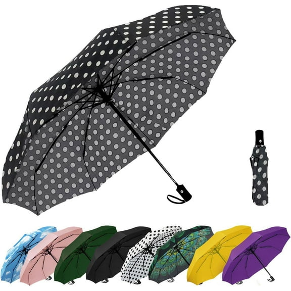 Compact Travel Umbrella - Windproof Auto Open/Close, Small Folding Umbrella for Rain - Lightweight & Durable with Fiberglass Frame, Waterproof Canopy - Fits Backpack, Purse, Suitcase. (Black)