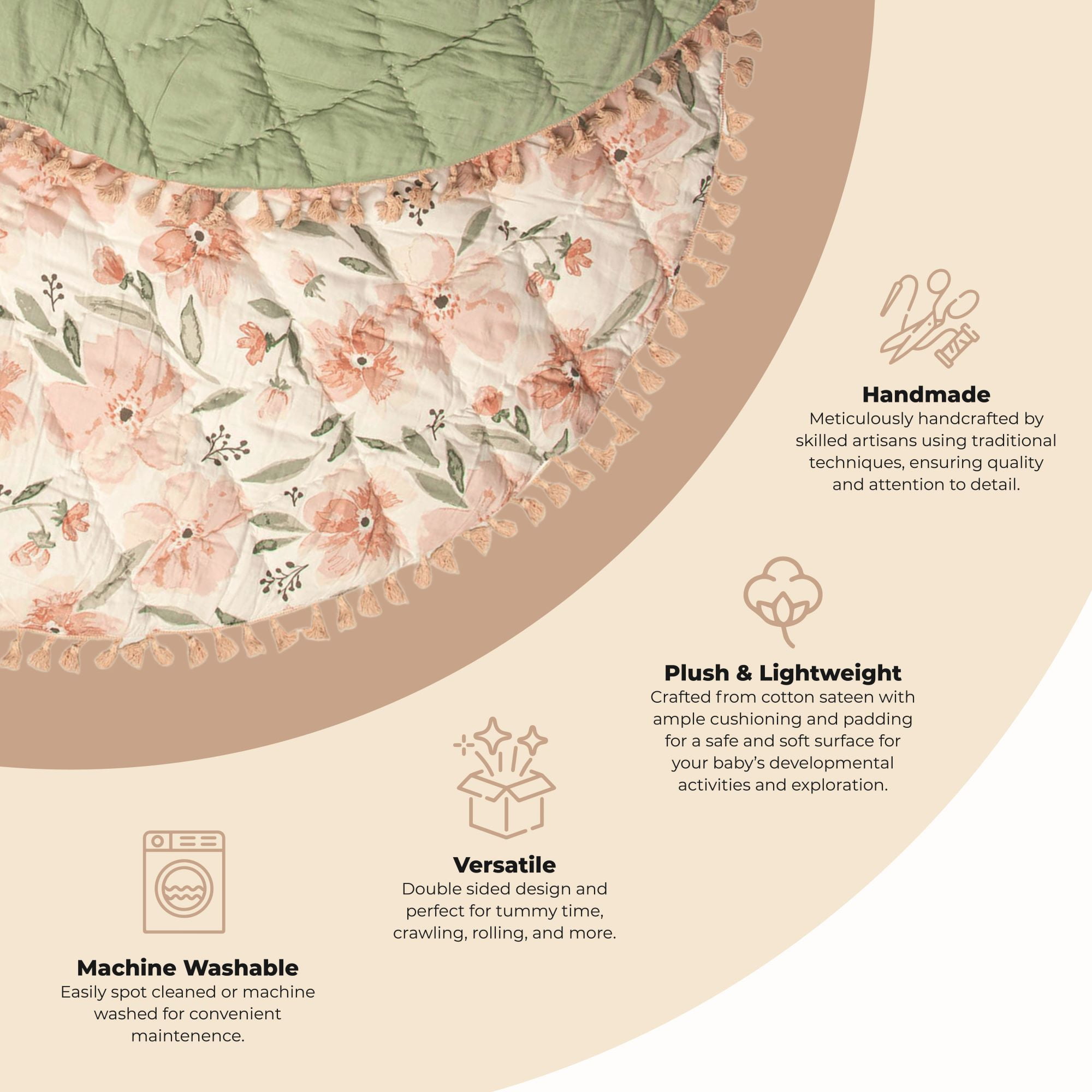 Crane Baby Activity Mat for Boys and Girls, Floral Print, 40" x 40", Kids Play Mat, Tummy Time Mat