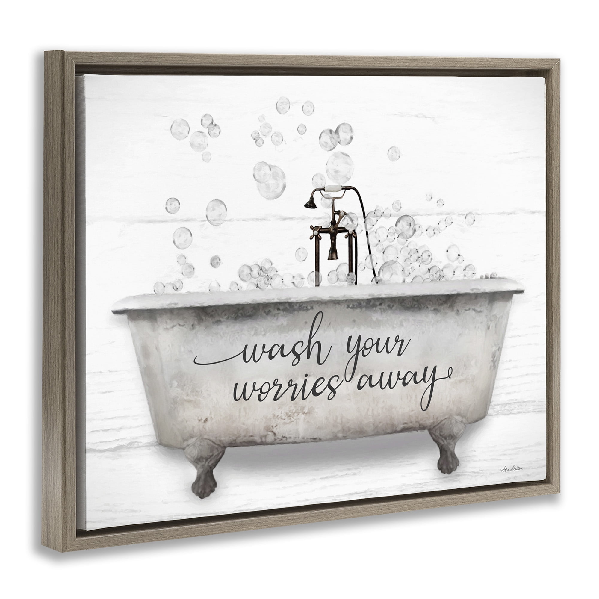 Stupell Industries Wash Worries Away Tub Bubbles Typography Painting Brown Floater Framed Canvas Art Print Wall Art, 31 x 25