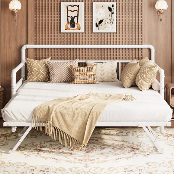 Full Metal Daybed with Pop Up Twin Trundle, Heavy Duty Daybed Frame with Vintage Wood Headboard,Industrial Sofa Bed Platform with Underbed Storage, No Box Spring Needed,White