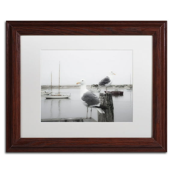 Trademark Fine Art "Two Seagulls and Boats" Canvas Art by Moises Levy White Matte, Wood Frame