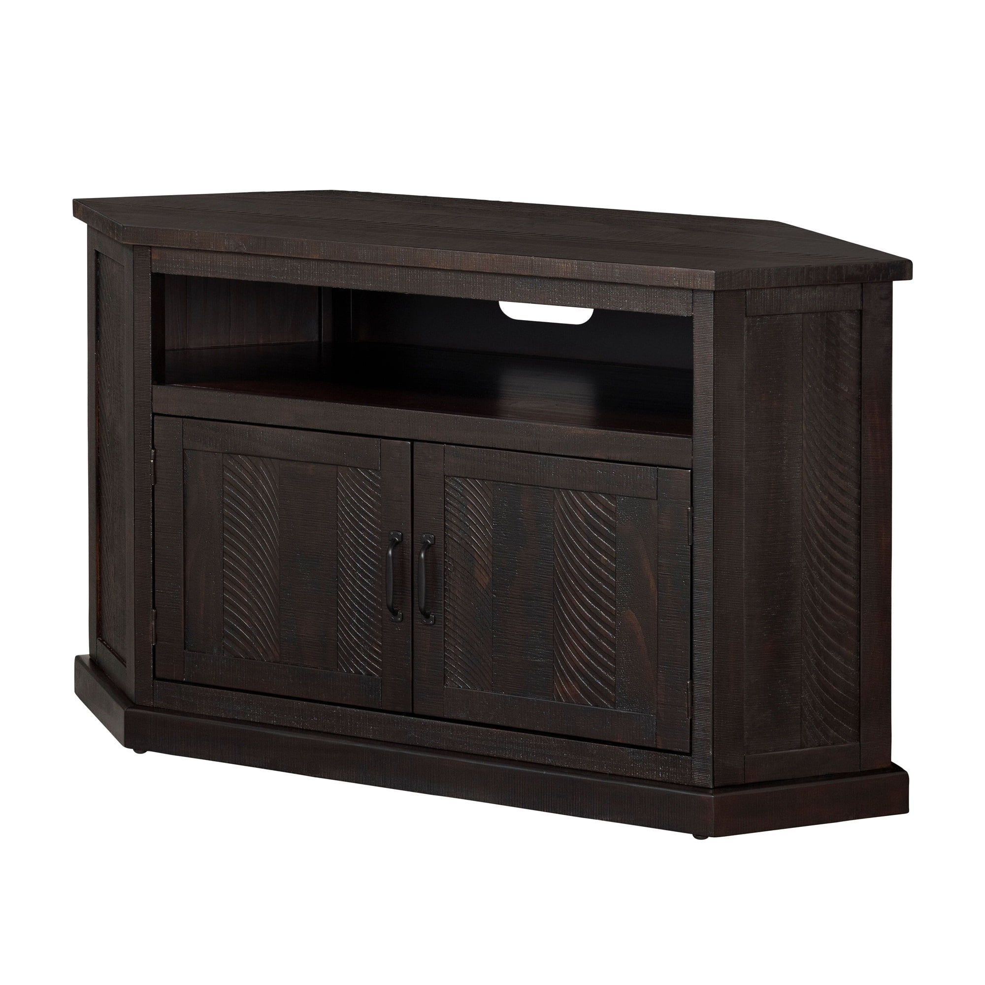Rustic Wooden Corner TV Stand with 2 Door Espresso Brown