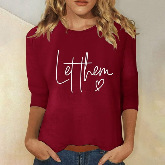 MKLEKYY Playeras Algodon Mujer Camiseta Estampada Para Mujer, Manga 3/4, Estilo Túnica, Cuello Redondo, Blusa, Camiseta 366 Talla L