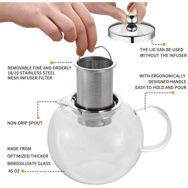 Teapot with Infuser for Loose Tea - 33oz, 4 Cup Tea Infuser, Clear Glass  Tea Kettle Pot with Strainer & Warmer - Loose Leaf, Iced Tea Maker & Brewer