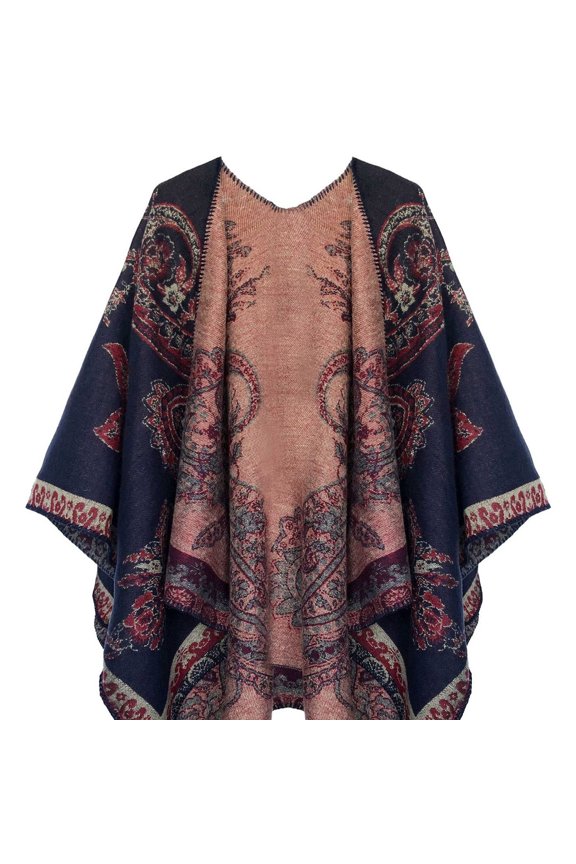 2026 New European and American Style Women's Vintage Floral Print Reversible Knit Poncho Open Front Wrap Shawl Cape