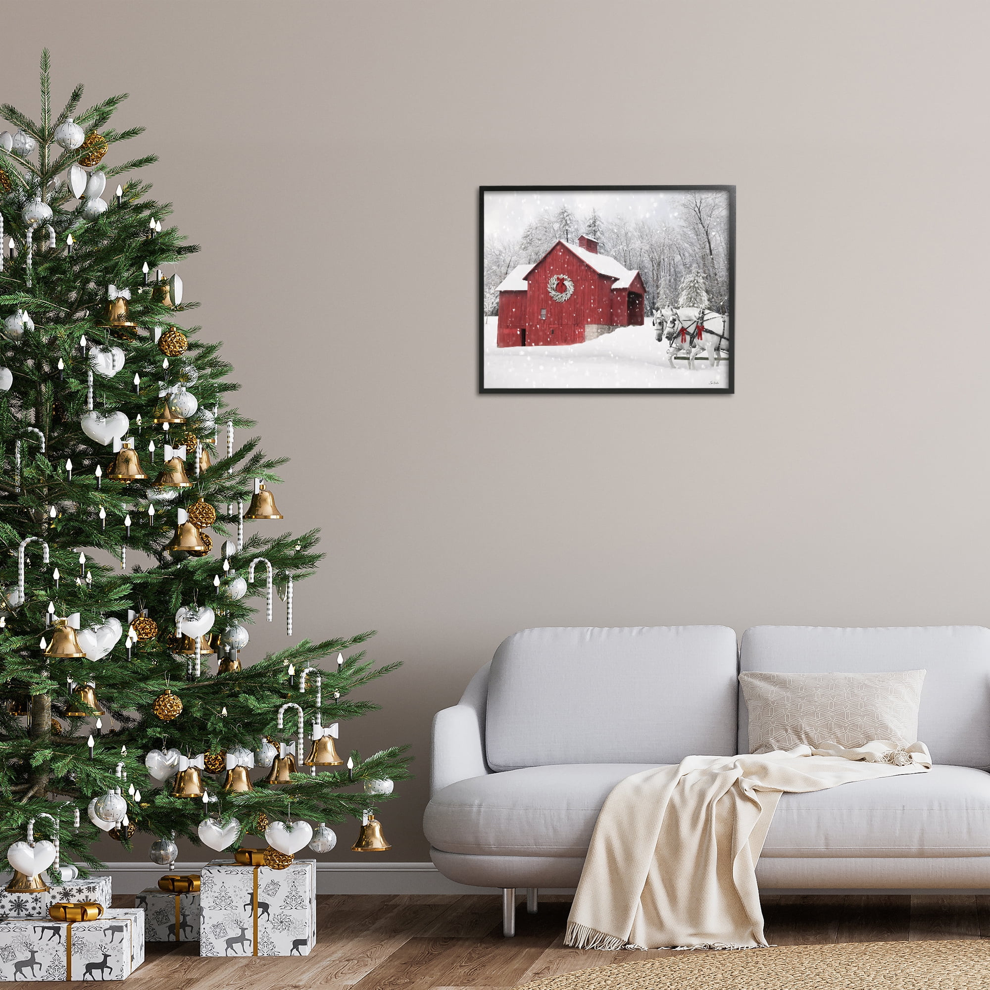 Stupell Industries Snow Covered Red Barn Holiday Painting Black Framed Art Prints Wall Art, 30 x 24
