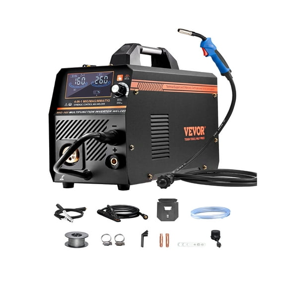 VEVOR MIG Welder, 160A Synergic Mig Welding Machine,4-in-1 Gas MIG/Flux Core MIG/Stick/Lift TIG Multi-Process Welder Machine, 110V/220V Dual Voltage Mig Welder with IGBT Inverter & LCD Screen Display